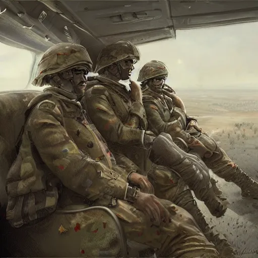 Image similar to soldiers sitting inside a plane on their way to the battlefield, an emotionless look on their faces, digital painting, highly detailed, illustration, intricate, in the style of grek rutkowski