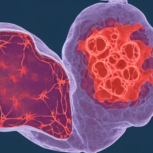 Prompt: a microscopy image showing a cell with a normal nucleus and one cell with an abnormal stained nucleus, confocal miscroscopy, paper, cell journal, cell biology, nature journal, science