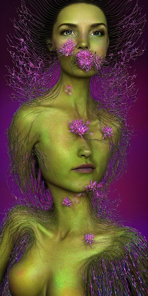 Image similar to hyper detailed 3d render like a Oil painting - portrait sculpt of Aurora (Singer) seen in mascara Lips on the Strangling network of yellowcake aerochrome and milky Fruit that covers her body and Her delicate Hands hold of gossamer polyp blossoms bring iridescent fungal flowers whose spores black the foolish stars by Jacek Yerka, Mariusz Lewandowski, Houdini algorithmic generative render, Abstract brush strokes, Masterpiece, Edward Hopper and James Gilleard, Zdzislaw Beksinski, Mark Ryden, Wolfgang Lettl, hints of Yayoi Kasuma, octane render, 8k