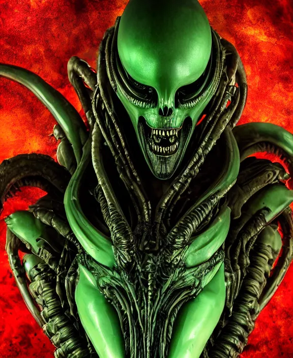 Image similar to xenomorph borg queen goth supermodel skull eyes hybrid, dragon eggs, dark emerald mist colors, giger background liminal void, cinematic lighting, realistic, award winning photograph, various refining methods, micro macro autofocus