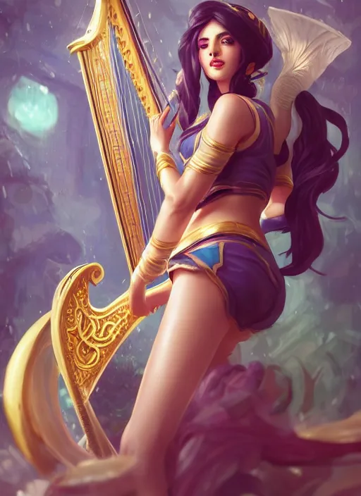 Image similar to sona, from league of legends, with an harp, au naturel, with abs, hyper detailed, digital art, trending in artstation, cinematic lighting, studio quality, smooth render, unreal engine 5 rendered, octane rendered, art style by klimt and nixeu and ian sprigger and wlop and krenz cushart