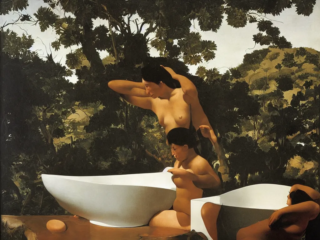 Image similar to Woman taking a bath in a strange, giant ceramic basin sculpted by Henri Moore. Afternoon light, thunderstorm. Painting by Caravaggio, Roger Dean