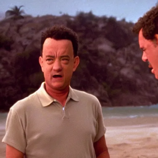 Prompt: Tom Hanks talking to a volley ball in the movie Castaway, cinematic, imdb, wikipedia,