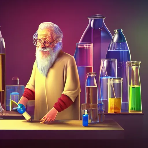 Image similar to an old wizard who is mixing bottles of colored liquids in laboratory, photorealistic, cinematic lighting, highly detailed