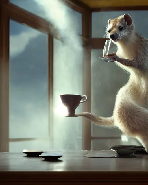 Prompt: a very high resolution image from a new movie, a weasel wearing a suit drinks tea in a shabby chinese room, surrounded by water vapor and dim light summer unreal engine 5, hyper realism, realistic shading, cinematic composition, blender render, octane render, hdr, detailed textures, photorealistic, wide shot