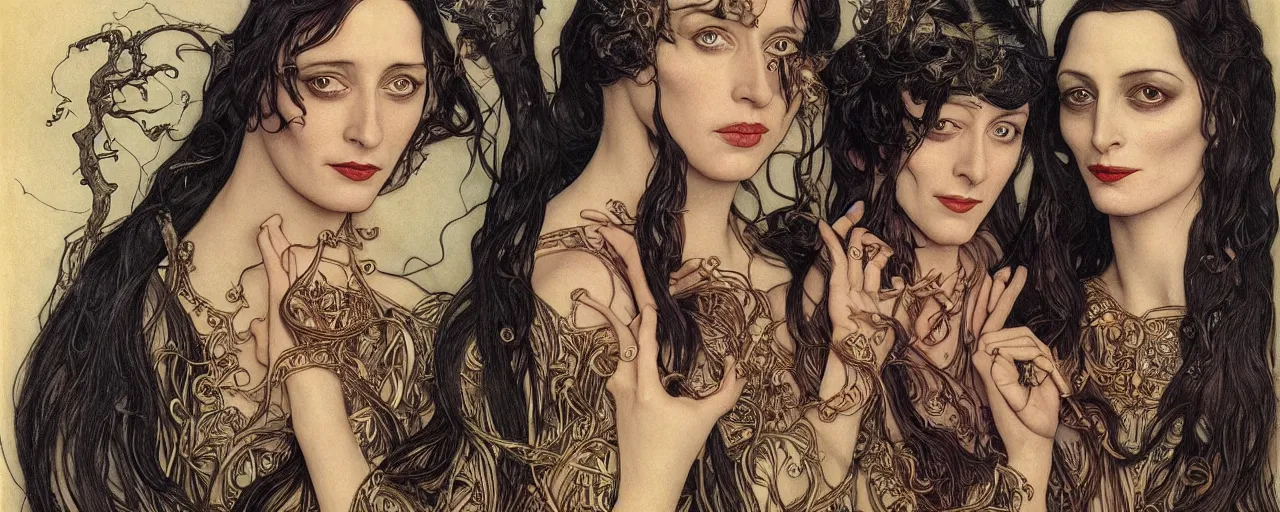 Image similar to stunning hyperdetailed art nouveau portrait of eva green wednesday addams and anjelica huston as the mythological 3 witches, by achilleos, kaluta and mucha, photorealism, extremely beautiful, perfect symmetrical facial features, perfect anatomy, strong confident eyes, witchcraft, glow of magic powers, eldritch crackle, lightning, fire, sparkling energy bolts