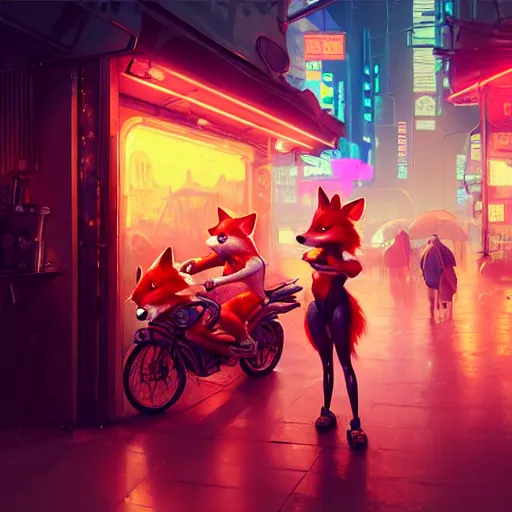 Image similar to splash art of cute female anthropomorphic vulpes vulpes fox sitting by a noodle stand in the crowded street of a cyberpunk city, rain, cyberpunk clothes, bright neon lights, atmospheric : by weta, greg rutkowski, wlop, ilya kuvshinov, rossdraws, artgerm, octane render, liosh, mucha