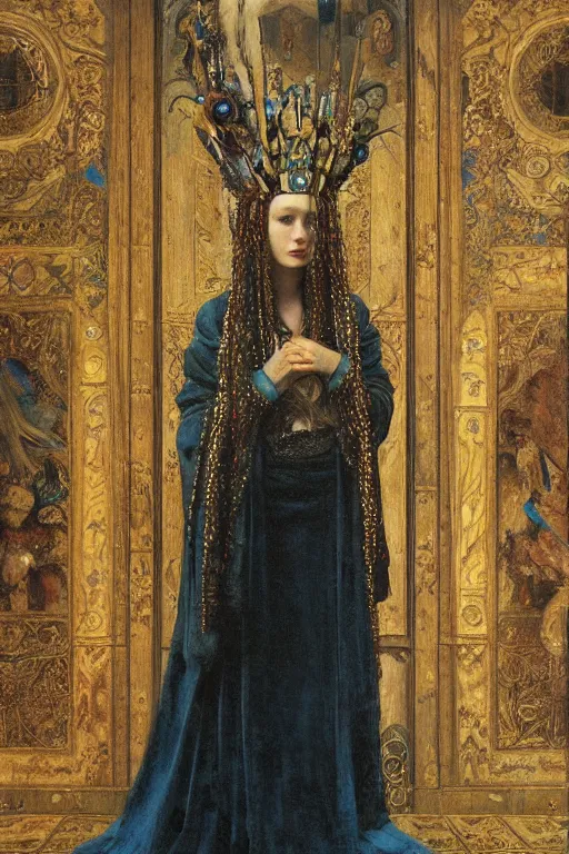 Image similar to portrait of the corvid queen by Donato Giancola and John Bauer and Vermeer, embroidered velvet, iridescent beetles, rich color, ornate headdress, flowing robes, sacred artifacts, lost civilizations,featured on Artstation, cgisociety, unreal engine, extremely detailed