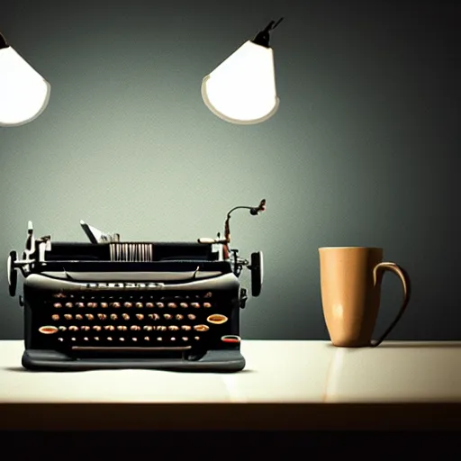 Image similar to painting of a typewriter on a desk in a dimly lit room, volumetric lighting, style of greg rutkowski