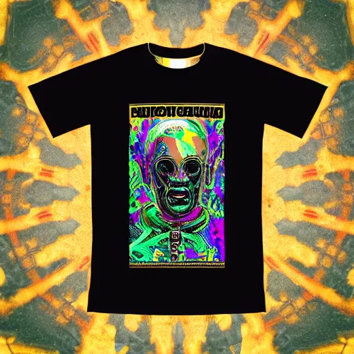 Image similar to mockup of a black tshirt with a hyperdetailed portrait of a steampunk robot on lsd, 8 k, symetrical, flourescent colors, happy trippy mood, multicolored,