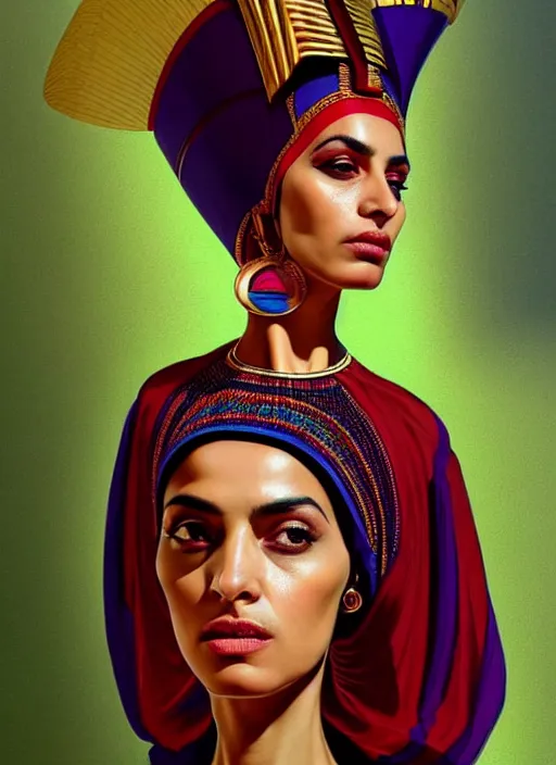 Image similar to portrait of an egyptian woman with a crooked nose and a confident expression, 1 9 6 0 s, colorful clothes, punk, funk, intricate, elegant, highly detailed, digital painting, artstation, concept art, smooth, sharp focus, illustration, art by wlop, mars ravelo and greg rutkowski