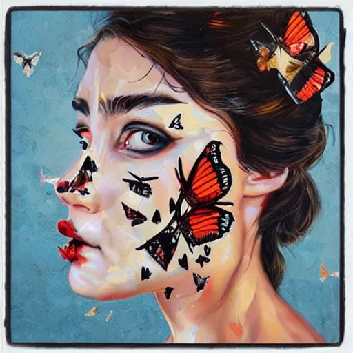 Prompt: A beautiful face bursting into butterflies. by Sandra Chevrier intuitive