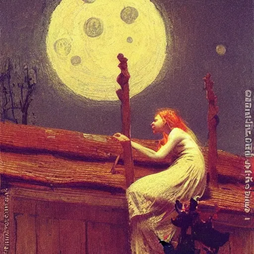 Prompt: witch resting on a rooftop, illuminated by moonlight, by ilya repin