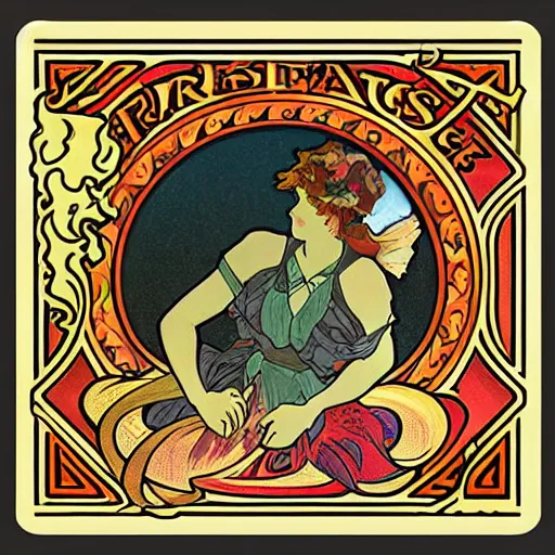 Prompt: a square enamel pin of a fire flames blaze label art by alphonse mucha, smooth curves, behance