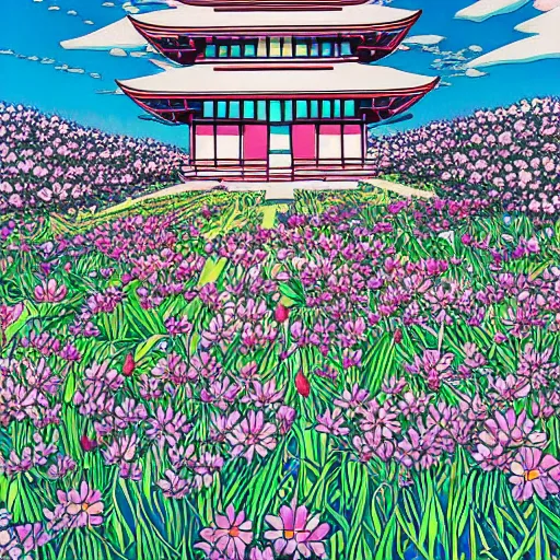 Image similar to a beautiful painting of a large alien shrine shrouded by mystic nebula magic in a field of flowers by hiroshi nagai and hirohiko araki, detailed line art