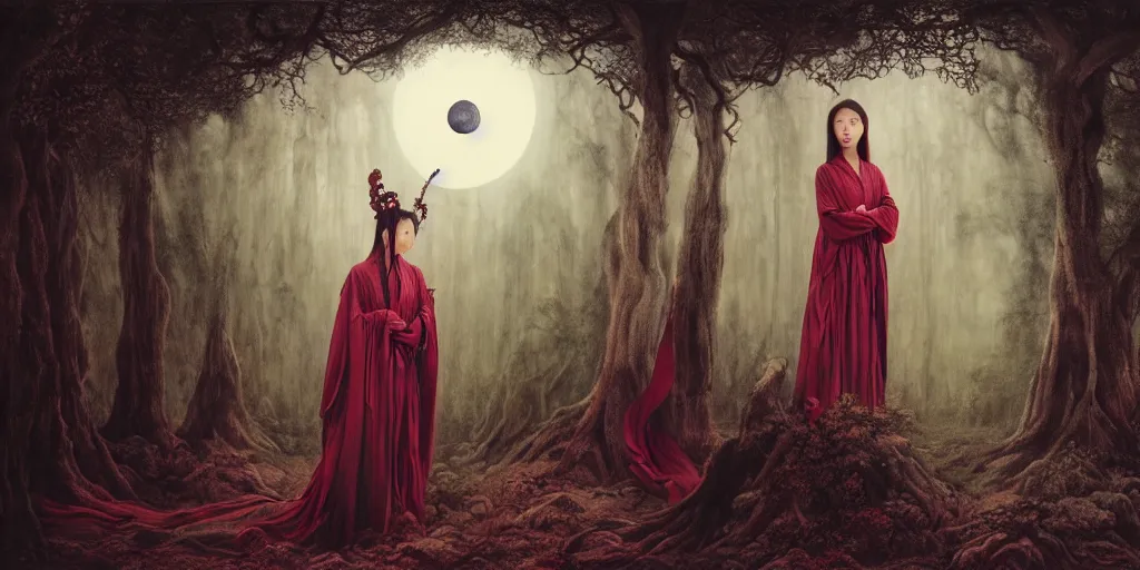 Image similar to wuxia, forest, moonlight, gemma chen, madison beer, angela sarafyan, pinup, intricate beautiful faces, surrealistic painting by agostino arrivabene, vanessa beecroft, anka zhuravleva, mary jane ansell, peter mohbacher, gerald brom