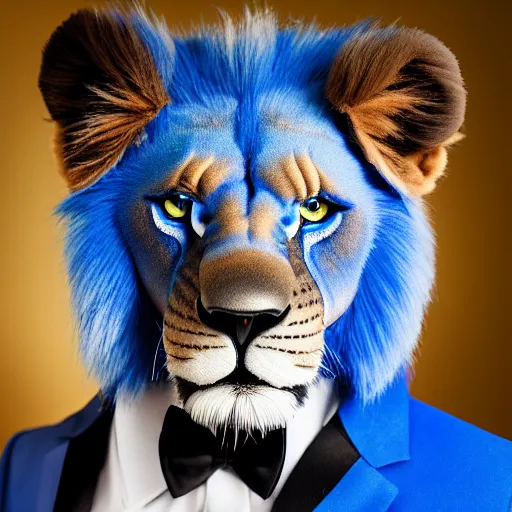 Prompt: a studio photograph of a blue lion wearing a tuxedo suit,professional photography,studio lighting,studio photo,professional lighting,3 point lighting,dramatic,4k,detailed face,hyperdetailed,photorealistic