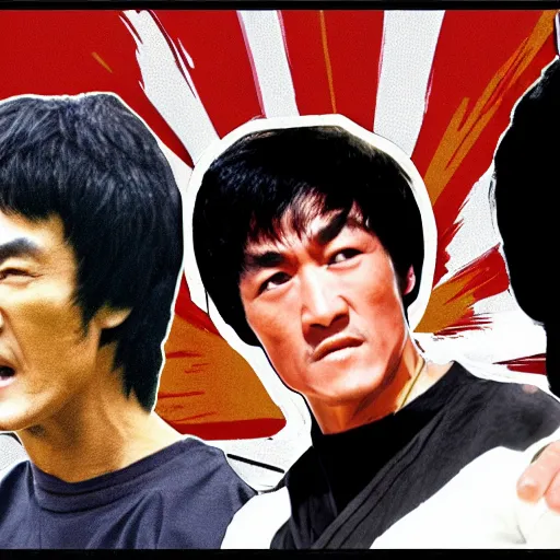 Image similar to jackie chan and bruce lee vs thomas jefferson, 4 k