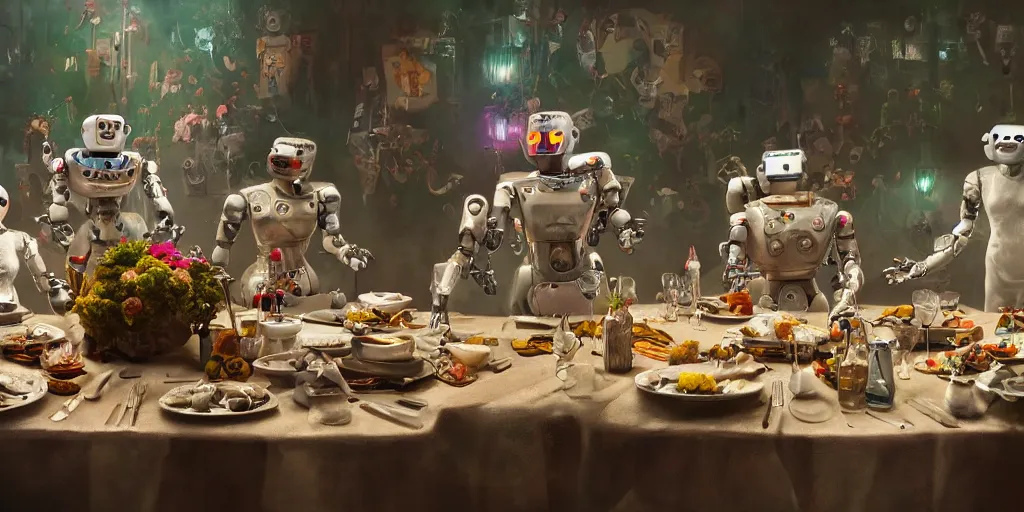 Image similar to a table dinner of robots where robots are dressed like the characters from the midsommar movie, cinematic, hyperdetailed, octane render, trending on art station, ultrarealistic