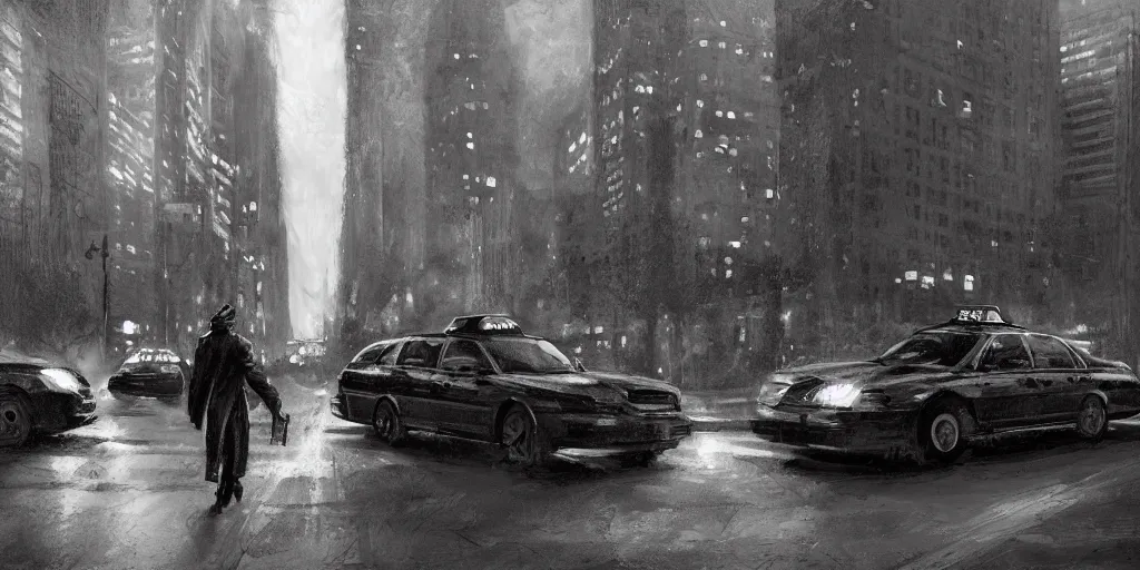 Image similar to taxi through the streets of chicago, night time, dramatic lighting, german expresionism, noir film, character sheet, fine details, concept design, high contrast, anthrophomorfic animals, kim jung gi, greg rutkowski, trending on artstation, 8 k, full body, turnaround, front view, back view, ultra wide angle