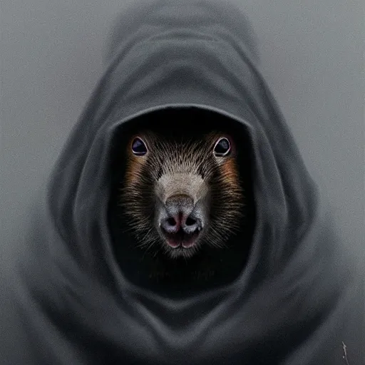 Prompt: a portrait of a baby capybara wearing a black hood, cloak covering face, anatomically correct, beautiful perfect face, enigmatic, oil painting, matte, black background, volumetric dynamic lighting, highly detailed, cinematic lighting, unreal engine, 8 k, hd, by beksinski