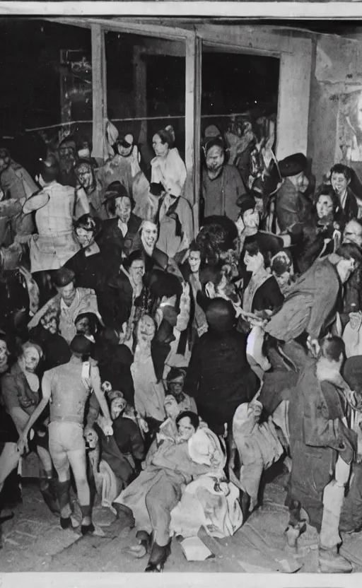 Image similar to patients partying outside the dance club during a war, highly detailed, horror movie