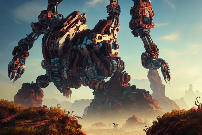 Image similar to rockbreaker machine mecanical creature robot of horizon forbidden west horizon zero dawn radiating a glowing aura global illumination ray tracing hdr fanart arstation by ian pesty and alena aenami artworks in 4 k