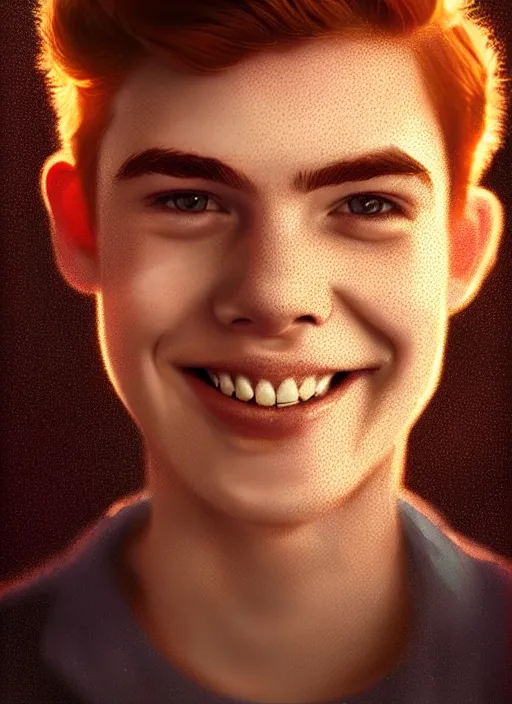 Image similar to portrait of teenage archie andrews, freckles, curly middle part haircut, curly hair, smiling kindly, intricate, elegant, glowing lights, highly detailed, digital painting, artstation, concept art, smooth, sharp focus, illustration, art by wlop, mars ravelo and greg rutkowski