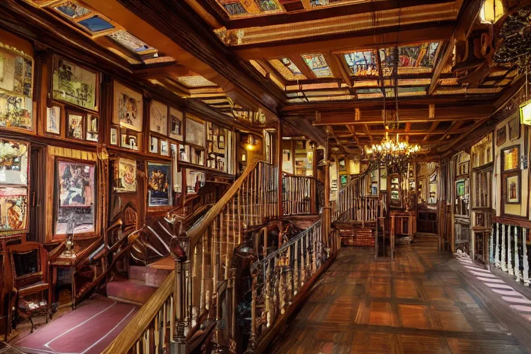 Image similar to full - color photo of the interior of the winchester mystery house. the interior architecture and layout are illogical, surreal, bizarre, complicated, and labyrinthine. there is a faintly - visible victorian ghost lurking and hiding.