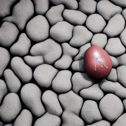 Image similar to an anatomical depiction of a kidney laying on top of a river bank made of river stones, well lit, octane, grey lighting, 4 k, award winning