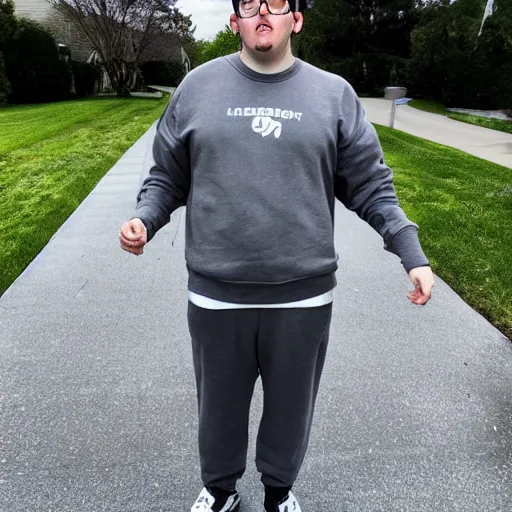 Image similar to Rocco Botte wearing gray sweatshirt and gray sweatpants and gray 👟 standing in a T-pose on a suburban residential street