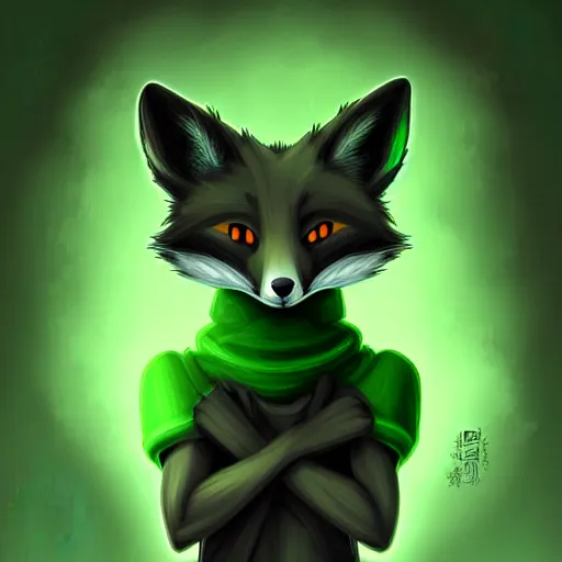 Image similar to anthropomorphized fox in anime style, green and black colors, digital painting, hd, concept art