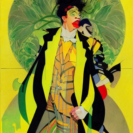 Image similar to art by joshua middleton, the yellow creeper, a tall manically smiling yellow - skinned man with green and black striped cycling shorts and wearing a long red feather boa, yellow makeup, mucha, kandinsky, poster, comic art, stylised design