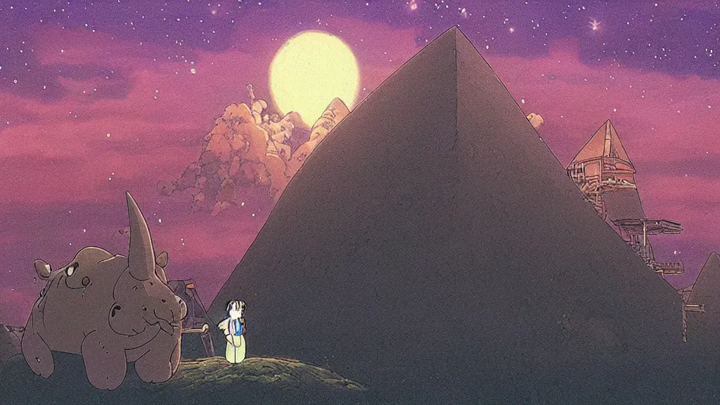 Prompt: a movie still from a studio ghibli film showing a lovecraftian hippopotamus from howl's moving castle ( 2 0 0 4 ). a pyramid is under construction in the background, in the rainforest on a misty and starry night. a ufo is in the sky. by studio ghibli