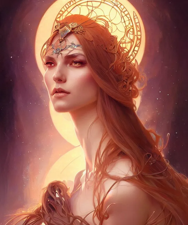 Prompt: fantasy magic woman portrait, sci-fi, amber eyes, face, long hair, fantasy, intricate, elegant, highly detailed, digital painting, artstation, concept art, smooth, sharp focus, illustration, art by artgerm and greg rutkowski and alphonse mucha