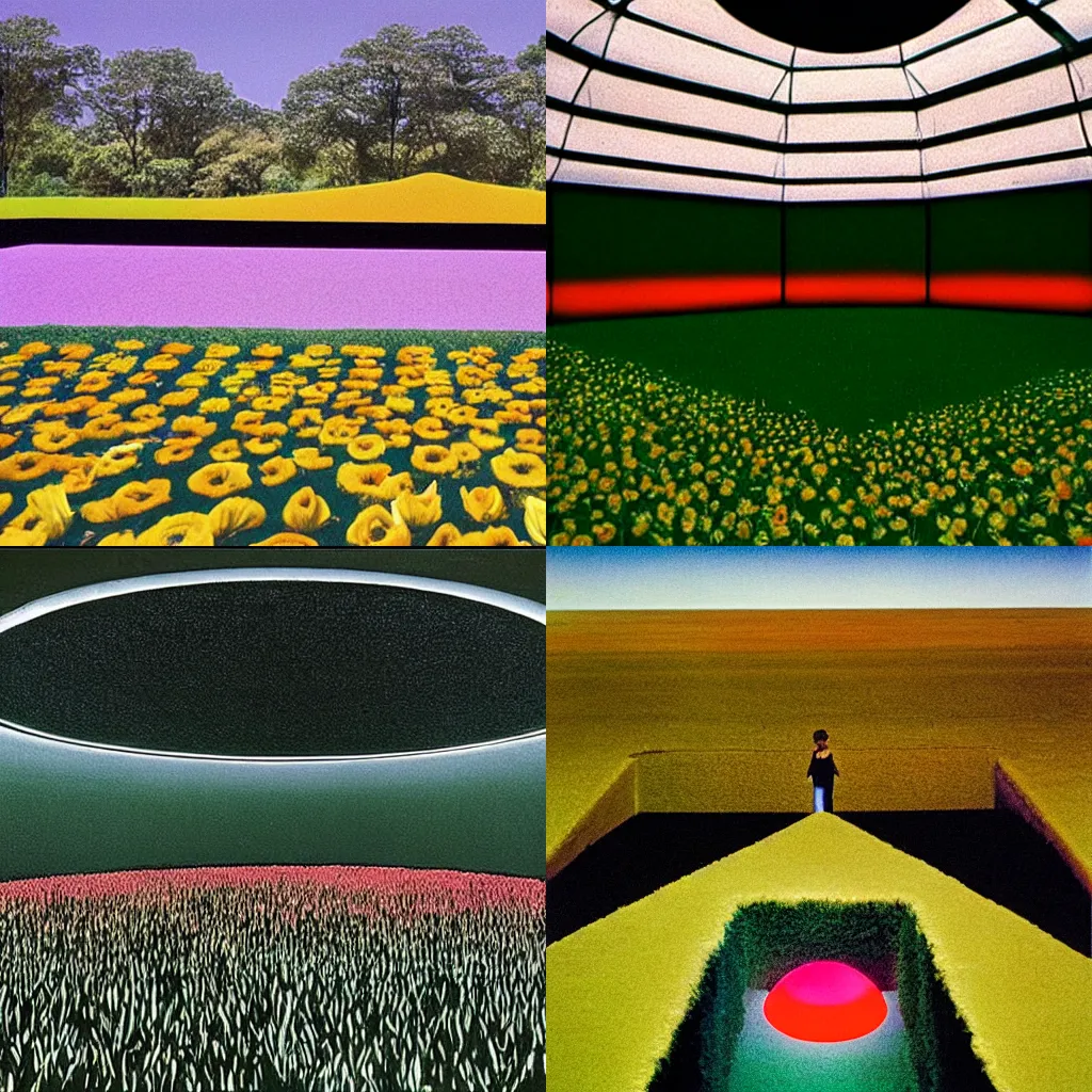 Prompt: a bizarre and unsettling scene, with a black void in the center of a flower field, and strange creatures made of light floating around, painted by James Turrell