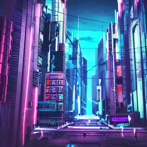 Image similar to sanatic cyberpunk world neon lighting high buildings cloudy sky cinematic lighting