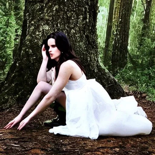 Prompt: photo of lana del rey squatting in a forest