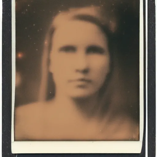 Prompt: an aged polaroid portrait of a beautiful young woman at night, detailed clouds, stars are visible in the sky, heavy film grain, color bleed