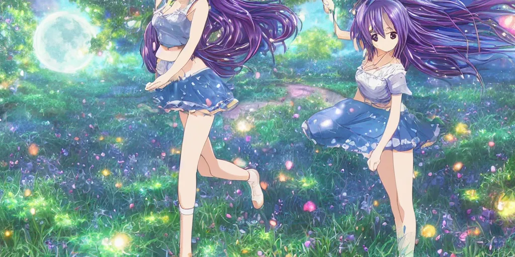 Prompt: anime key visual of a pretty girl with blue flowing hair, wearing a short skirt and a crop top, meditating in a magical fantasy garden at night, moonlight, fireflies glowing, lofi feel, magical, highly detailed, digital art, artstation, smooth, hard focus, illustration, art by artgerm - in the style of final fantasy and studio ghibli