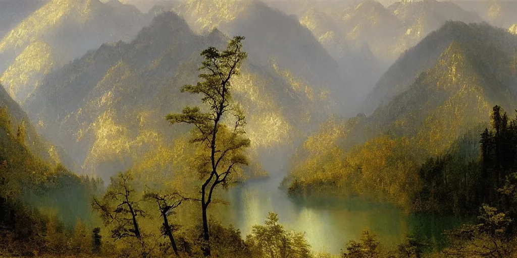 Prompt: art by albert bierstadt of the cinematic view of the jiuzhaigou valley forest