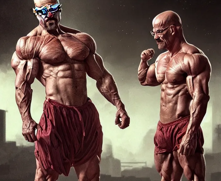 Prompt: An athletic Walter white as a body builder in a Starcitizen loading screen, muscular, ripped, intricate, dystopian, fantasy, extremely detailed, digital painting, artstation, concept art, smooth, sharp focus, illustration, stark lighting, incredible art by artgerm and greg rutkowski and alphonse mucha and simon stalenhag