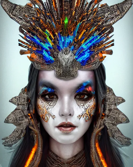 Image similar to 3 d warrior goddess medium shot portrait. beautiful intricate highly detailed magpie helm, shattered armor, kintsugi, quetzalcoatl, bioluminescent, lava, ice, in the style of chiara bautista,
