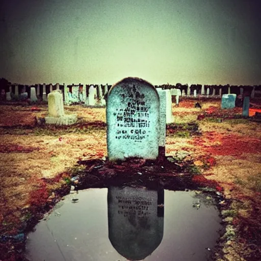 Image similar to The experimental art shows a grave that has been flooded with water. The grave is located in a cemetery in Italy. The water in the grave is dirty and there is trash floating in it. The grave is surrounded by a fence. 60s kitsch and psychedelia, Subway by Elizabeth Gadd sad, rich details