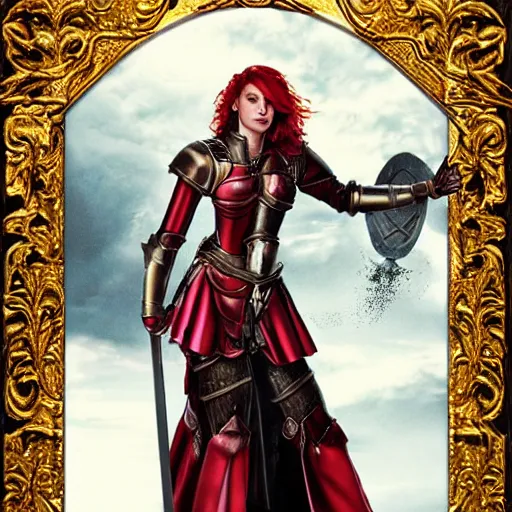 Prompt: a tall, red - haired female knight wearing golden armor and left arm golden prothesis, longer than her right arm. she wields a long golden blade