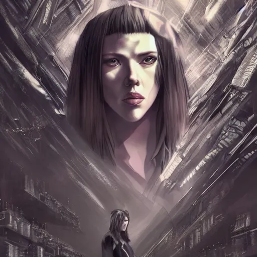 Image similar to scarlett johansson ghost in the shell costume in a spooky forest, hq artwork, coherent, insane detail, concept art, character concept, character full body portrait