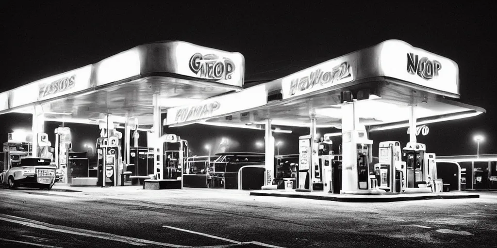 Image similar to “hyper realistic gas station, neon, fog, atmospheric lighting, neon glow, full of colour, photorealistic, award winning photography”