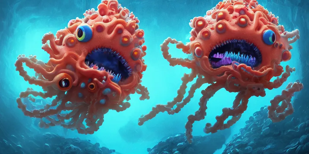 Image similar to of a colorful cloudy deep sea under water with strange cute friendly happy creatures with huge eyes, mouth, long tongue and round teeth appearing from sandy coral, in the style of gehry and gaudi, macro lens, shallow depth of field, highly detailed, digital painting, trending artstation, concept art, illustration, cinematic lighting, photorealism, epic, octane render