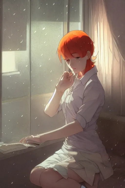 Image similar to a teenage girl with white short hair in a jk uniform outfit in the bedroom reading a book in a night, raining outside the window, grey and orange theme, by krenz cushart and mucha and greg rutkowski and makoto shinkai, detailed eyes, 4 k resolution