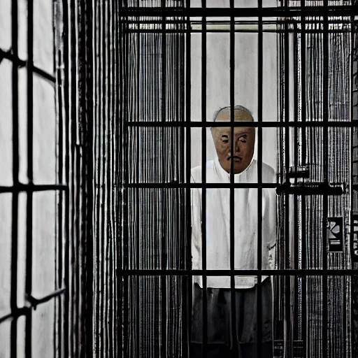 Image similar to a portrait of old justin sun in futuristic prison looking through the bars of his cell, by annie leibovitz, shallow depth of field, cinematic lighting